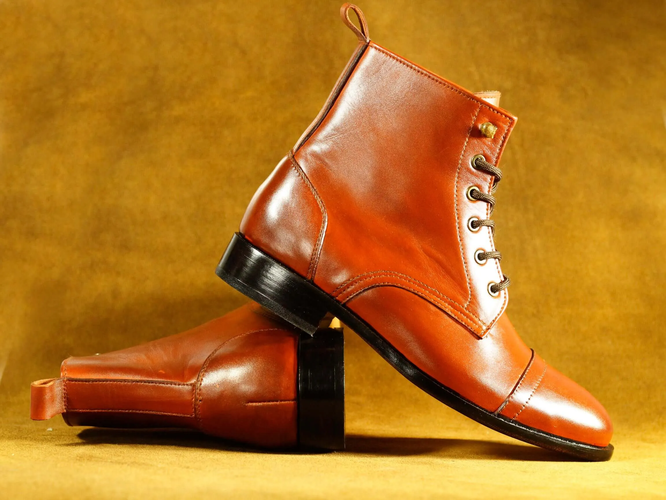 Bespoke Burgundy Lace Up Cap Toe Boot For Men's