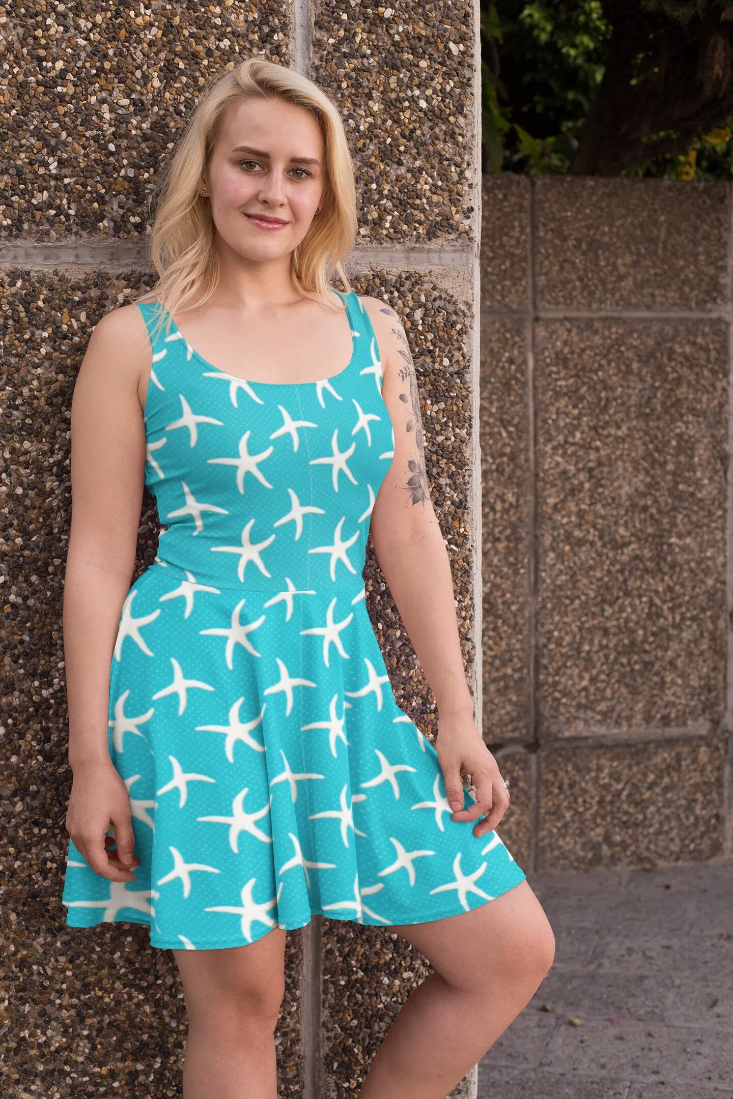 Blue Skater Dress, Starfish print dress, Beach-themed dress, Women's blue dress, Flared Dress, Flowy Dress, Womens Summer Dress