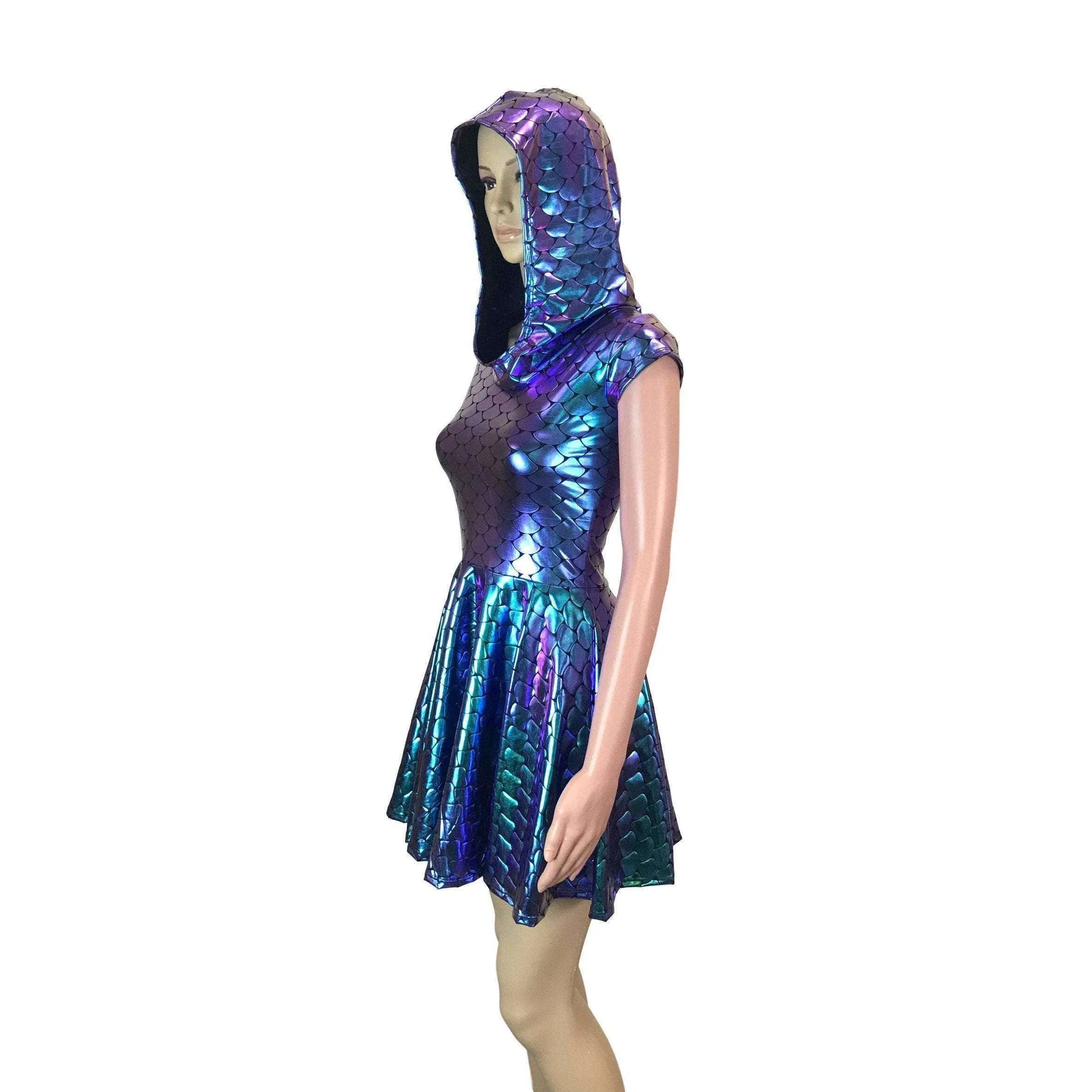 Mermaid Scales Holographic Cap Sleeve Hoodie Skater Dress