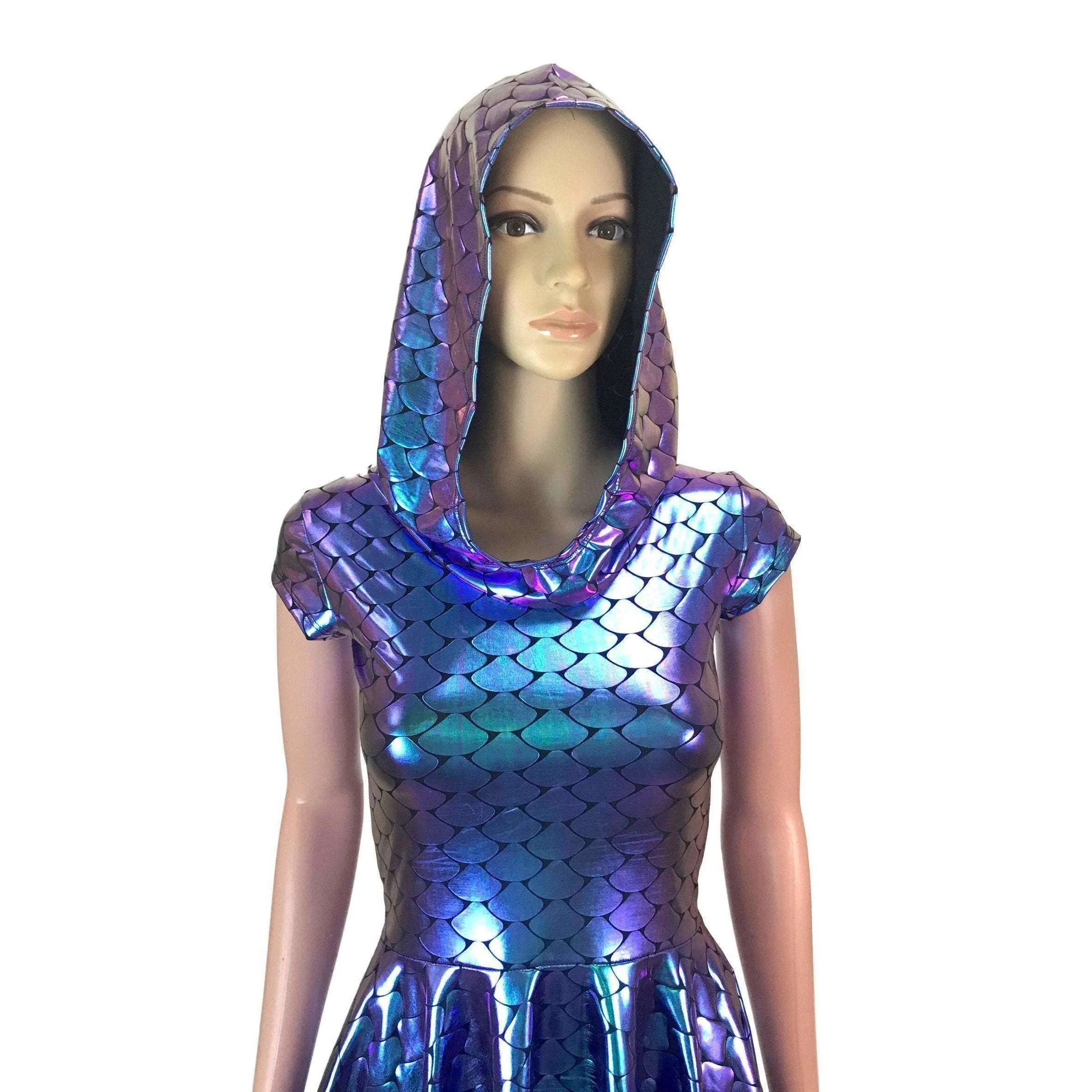 Mermaid Scales Holographic Cap Sleeve Hoodie Skater Dress
