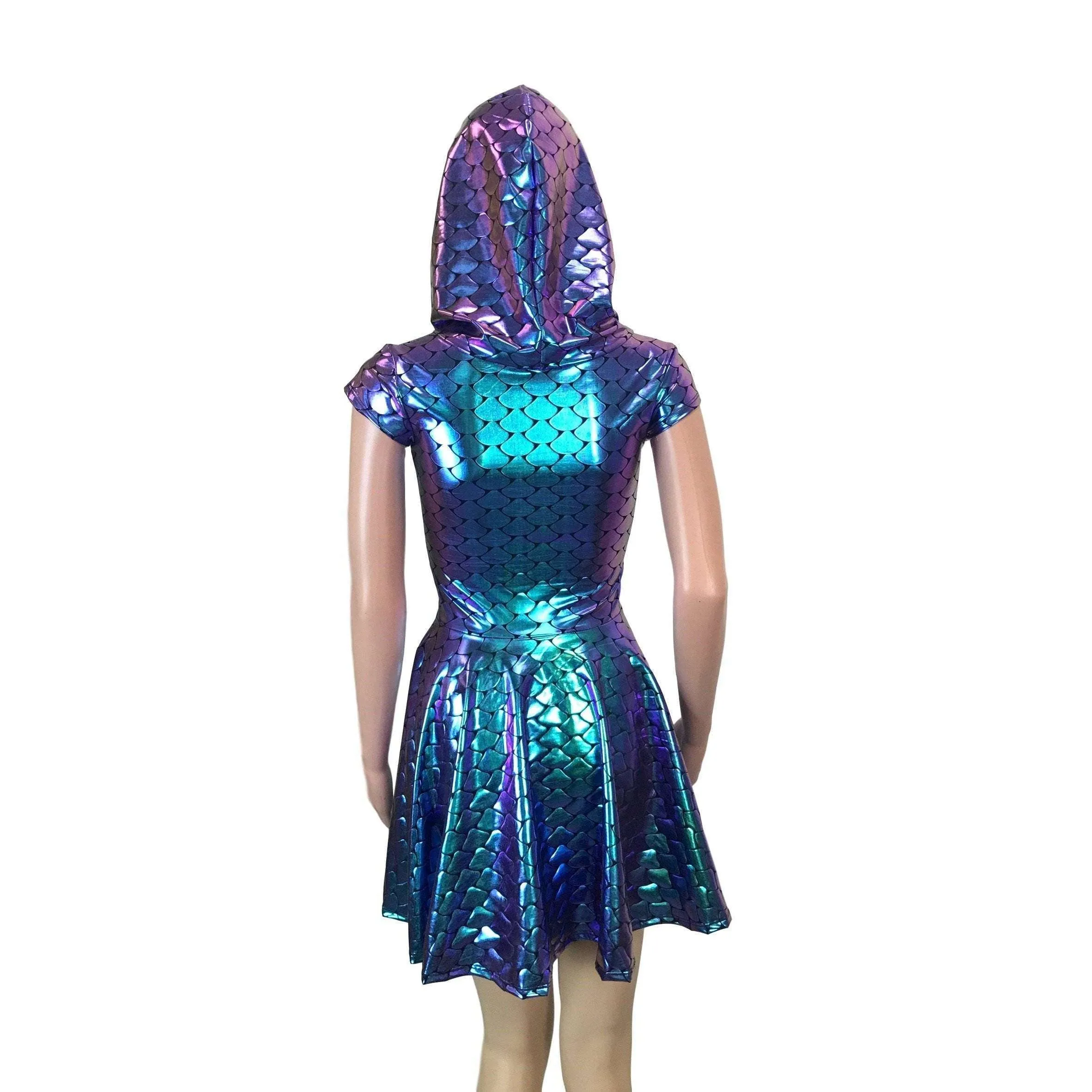 Mermaid Scales Holographic Cap Sleeve Hoodie Skater Dress