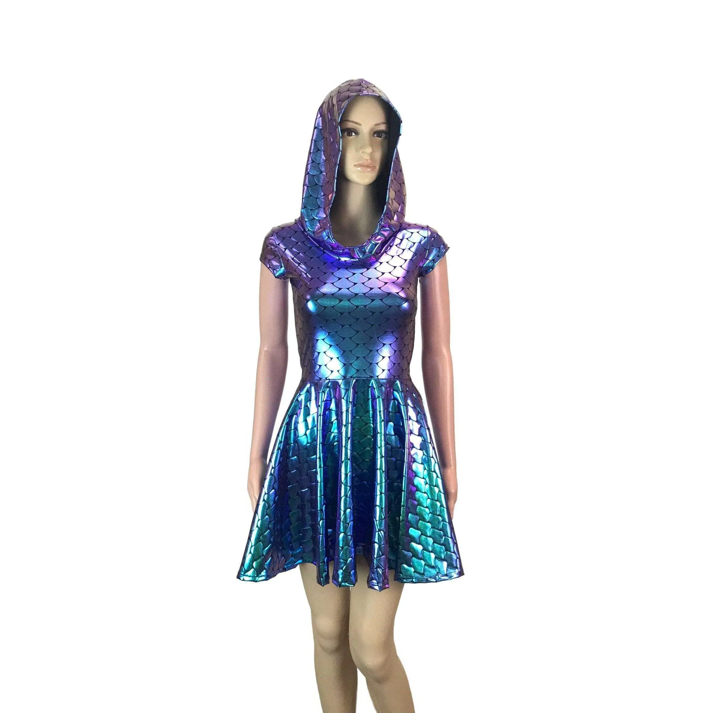 Mermaid Scales Holographic Cap Sleeve Hoodie Skater Dress
