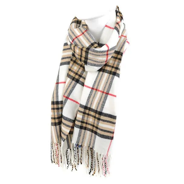 Plaid Cashmere Feel Winter Scarf Ivory Black and Red