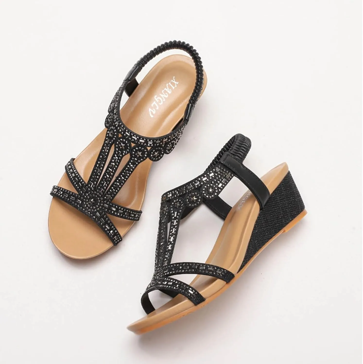 Wedge Sandals for Women Dressy Summer Rhinestone Glitter Open Toe Casual Platform Heels Sandal Comfy Cute Beach Shoes